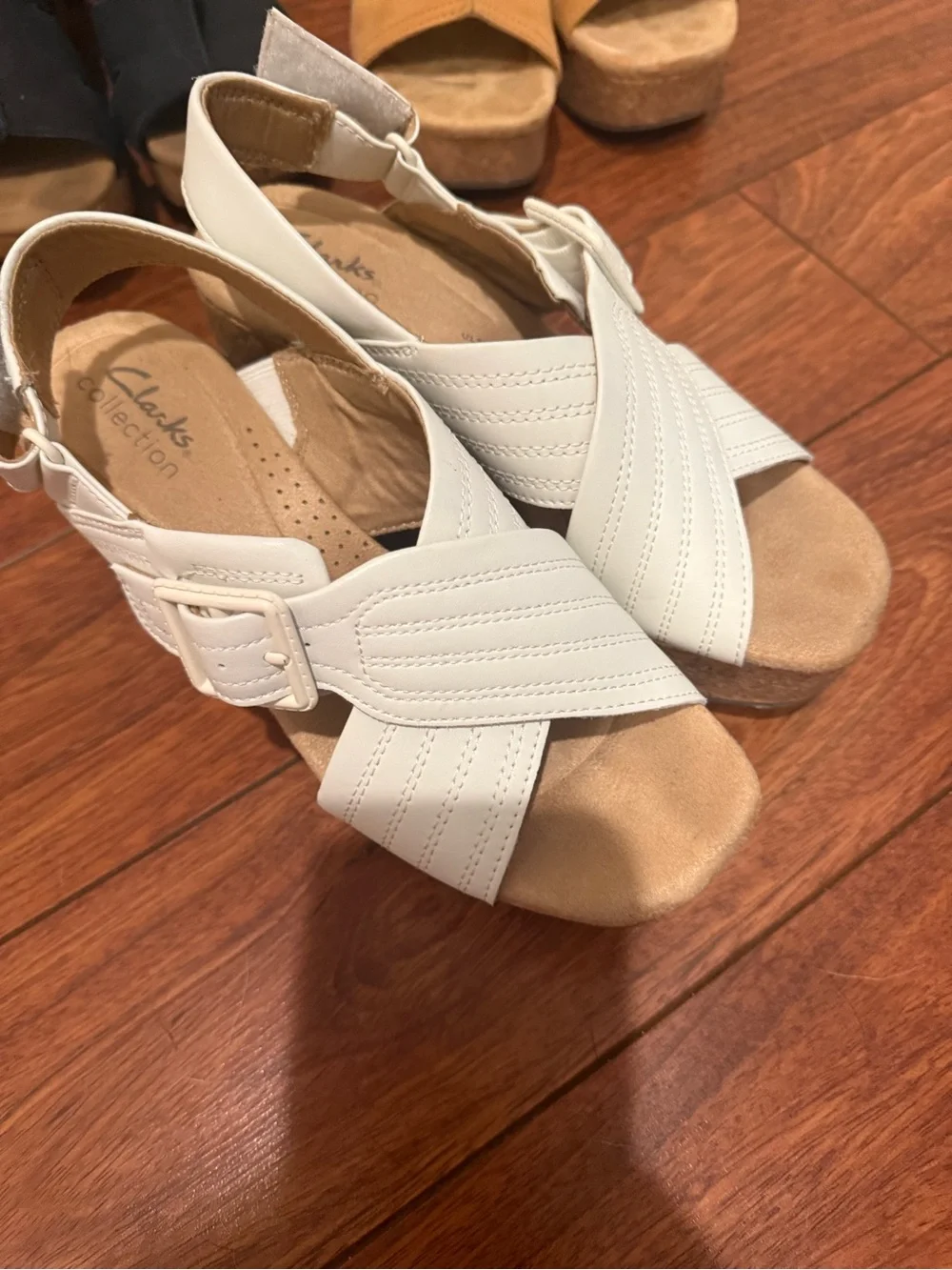 Clarks White Crisscross Wedge Sandals
